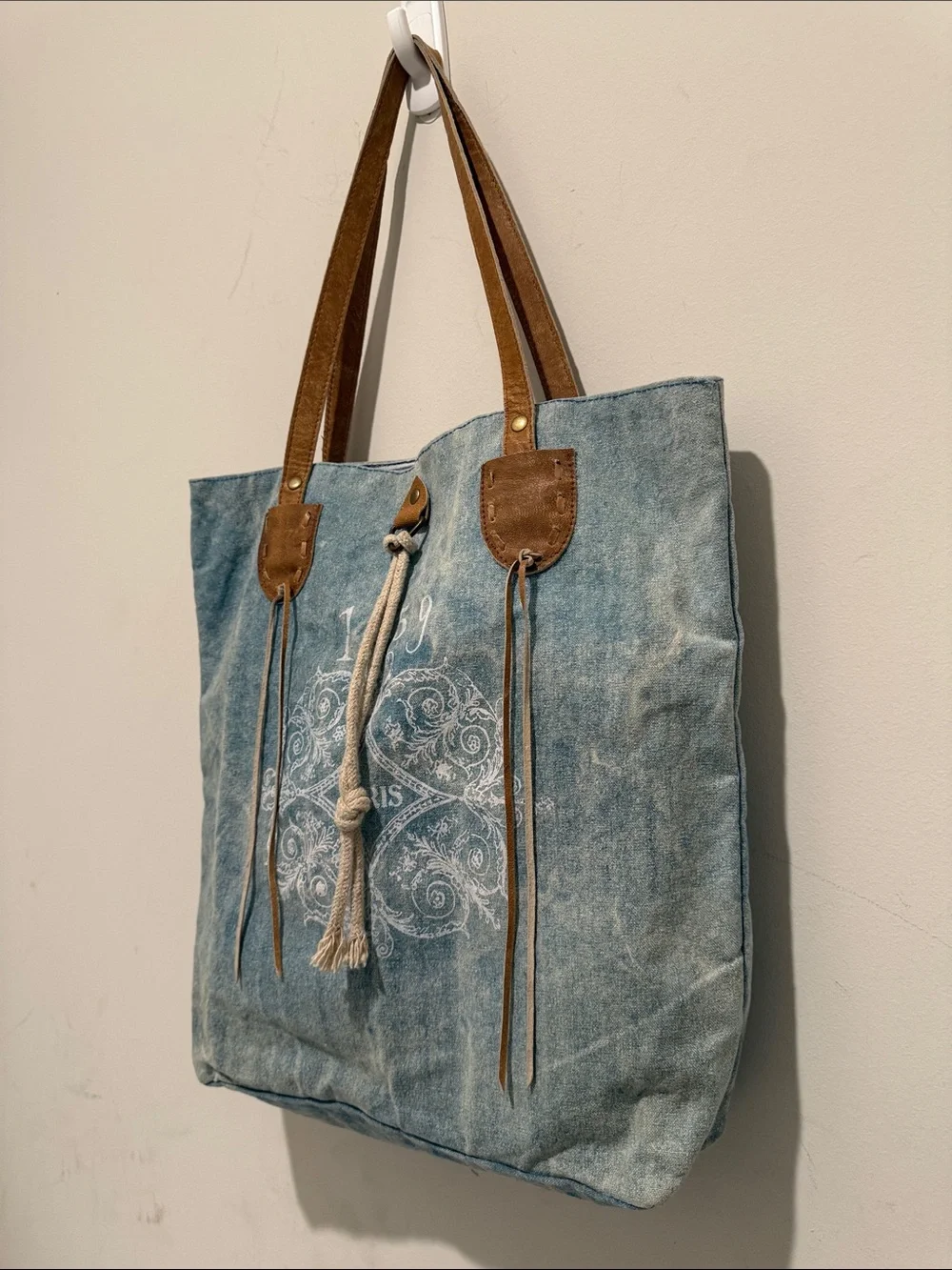 Denim Blue Tote with Brown Leather Handles and Tassel